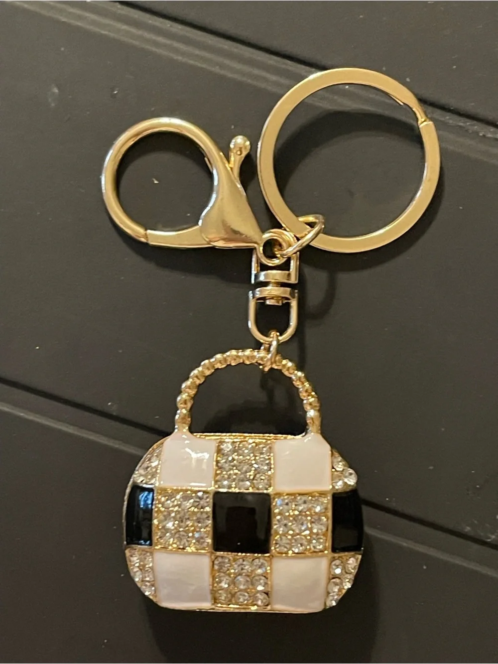 Gold-tone Black & White Check Purse  Charm